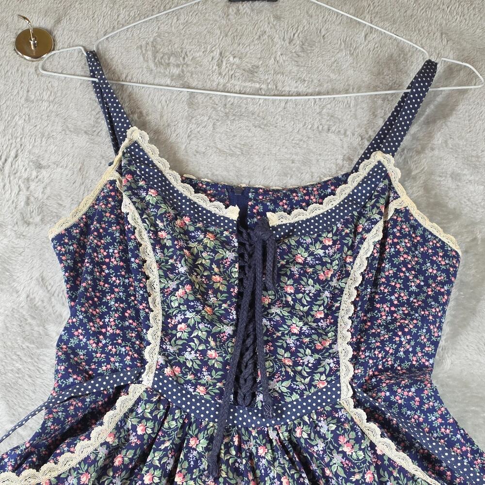 VTG 70s Gunne Sax Jessica Blue Calico Floral Prairie Dress Corset Lace Up Size 7 - Picture 3 of 14